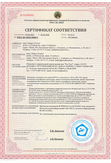 Сертификат пожарных испытаний 